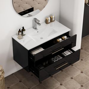 36-Inch Black Gloss Wall-Mounted <b>Bathroom</b> <b>Vanity</b> with Double Drawers and Ceramic Sink Long Gold Metal Handle Easy Installation - Product Image 2