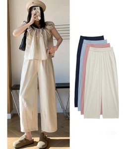 Solid Breathable Elastic Waist Autumn Straight Casual 100% Cotton Beach Trousers Pants Women with Pockets - Product Image 2