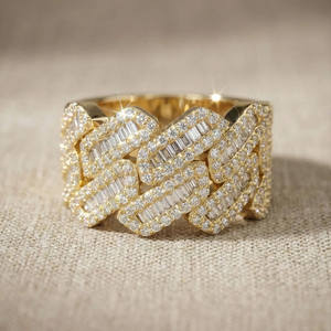 Baguette and Round Cut Moissanite Diamond Cuban Link Chain <b>Ring</b> for Men Engagement Iced Wedding Band <b>925</b> Sterling <b>Silver</b> Jewelry - Product Image 1