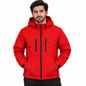 Men's <b>Red</b> <b>Hooded</b> Waterproof Knitted Winter <b>Jacket</b> Full Sleeve Solid Color Zipper Closure Casual Style Regular Fit Midweight - Product Image 1