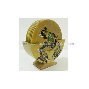 Juego de posavasos de piedra jabonosa redondos para decoración del hogar y hoteles con un hermoso diseño de flores incrustadas, ideales para regalo. - Product Image 2