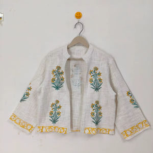 Veste florale imprimée à la main, veste en coton à fleurs jaunes, manteau bohème été-hiver - Product Image 1