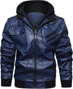 <b>Men</b> Blue PU <b>Leather</b> Moto Biker <b>Jacket</b> Hooded Zipper Front Solid Color Slim Fit Regular Sleeve Autumn Wear - Product Image 1