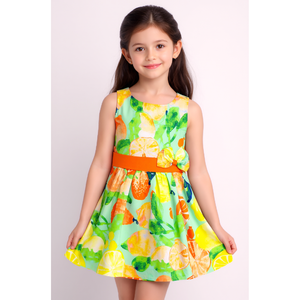 Girls Casual Cotton Woven Sleeveless Fit & Flare <b>Dress</b> in Citrus <b>Lemon</b> Print-Green - Product Image 1