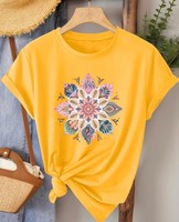 Women's Yellow Floral Mandala Print Cotton T-Shirt Crew Neck Regular Fit Casual Short Sleeve Breathable Eco-Friendly Summer