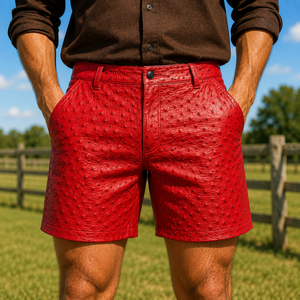 Shorts de motard de luxe pour homme en cuir d'autruche véritable gaufré, taille mi-haute - Vêtement en cuir exotique, cadeau pour lui - Product Image 4