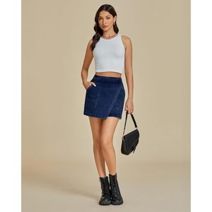 2025 femmes à la mode taille haute Denim Mini Jean jupe asymétrique Faux Wrap poches extensible Midi-Maxi longueur jupe courte - Product Image 6