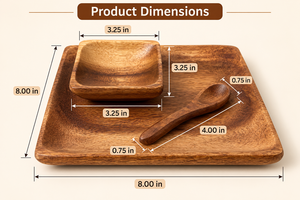 Ensemble de service artisanal en bois d'acacia, 4 bols carrés, cuillères, plateau, plats à collation en bois, vaisselle de restauration, compatible lave-vaisselle - Product Image 4