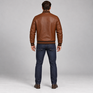 Blouson aviateur en cuir marron pour homme avec panneaux perforés, col et poignets côtelés et fermeture éclair sur le devant - Product Image 4