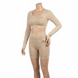 Women Beige Acid Wash <b>Long</b> <b>Sleeve</b> Crop <b>Top</b> Biker Shorts Set High Waist Gym Yoga <b>Workout</b> Activewear - Product Image 2
