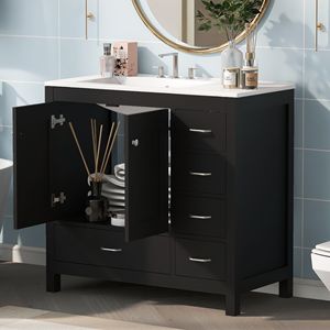 Mobile Bagno Nero da 36 Pollici con Ampio Spazio di Archiviazione, 2 Ante con Chiusura Ammortizzata e 5 Cassetti, con Lavabo in Ceramica Integrato - Product Image 4