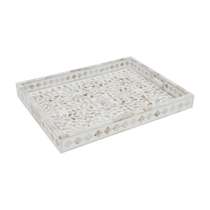 Plateau de service rond en rotin fait main avec incrustation de nacre, plateau de luxe à motifs floraux pour la décoration de table d'hôtel ou de restaurant - Product Image 4