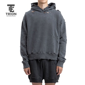 เสื้อฮู้ดดี้ผู้ชายแบบขาดๆ ทรงโอเวอร์ไซส์ ผ้าฟลีซ ผ้าฝ้าย มีฮู้ด สไตล์สตรีทแวร์  รับสกรีนโลโก้ ขายส่ง - Product Image 1