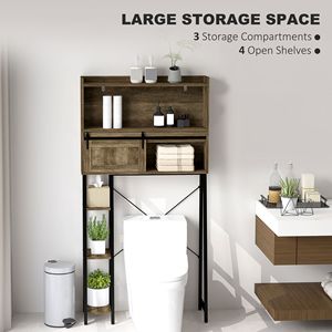 Meuble de rangement marron vieilli à poser au-dessus des toilettes avec 3 compartiments et 4 étagères ouvertes, organisateur de salle de bain - Product Image 5