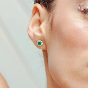 18K White Gold Round Halo Diamond Emerald Drop Stud <b>Earrings</b> - Product Image 3