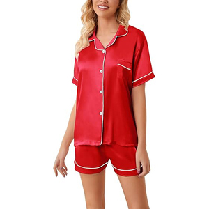 Conjunto de Pijama de Manga Corta con Cuello Redondo y Pantalones Cortos, Cintura Elástica, Suave, Transpirable, Ligero, Liso y Sólido para el Hogar - Product Image 2