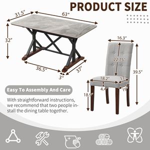Set da Pranzo Moderno in Pietra Sinterizzata Grigia con 7 Pezzi: Tavolo Rettangolare da 63 Pollici e 6 Sedie Imbottite Trapuntate - Product Image 6