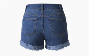 Shorts de mezclilla rasgados de cintura alta para mujer, transpirables, con bordado floral y borde con flecos, elásticos, lavados, pantalones cortos de verano. - Product Image 4