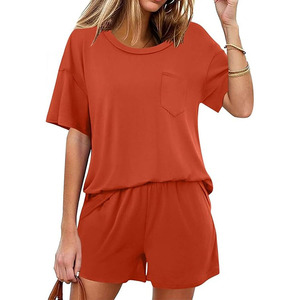 Ensemble décontracté 2 pièces pour femme : short et haut à manches courtes en coton, couleur unie, coupe ample et respirante, idéal pour l'été - Product Image 1