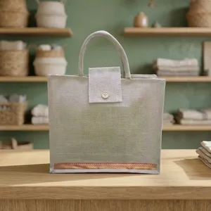 Sustainable Natural Jute Tote 14x16x5 Inch Flap Closure Design Button Fastening <b>Reusable</b> <b>Shopping</b> <b>Bag</b> Office Items 1-1.9L Custom - Product Image 4