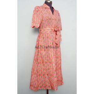 Vestido midi de punto 100% algodón con estampado floral digital indio hecho a mano, cuello en V, manga corta, corte en A, con bolsillos, para oficina, verano - Product Image 5