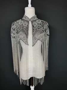 Women's COTTON COUTURE <b>Silver</b> Crystal Beaded Floral Polyester Shoulder <b>Cape</b> with Fringe Collar Wedding Party Wrap - Product Image 5