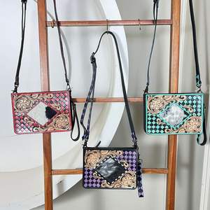 2025 New Arrival Hand Tooled Leather Sling Bag Cowhide Turquoise & <b>Black</b> Checkered Western Crossbody Purse Wristlet <b>Handbags</b> - Product Image 6
