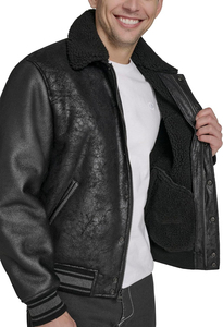 Men's Black PU <b>Leather</b> Bomber <b>Jacket</b> With Faux Fur Lining Turn-down Collar Windproof <b>Winter</b> Casual Coat - Product Image 2
