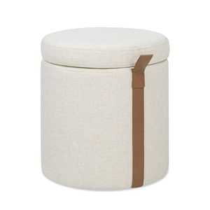 Otomana Redonda Tapizada de 14 Pulgadas con Almacenamiento y Detalles en Cuero, Color Blanco Lino - Elegantes Taburetes y Otomanas - Product Image 4