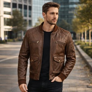 Blouson aviateur en cuir véritable marron pour homme avec épaules matelassées et fermeture éclair - Product Image 3