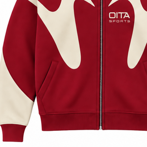 Red Contrast Panel <b>Zip</b> Up <b>Hoodie</b> Men Streetwear Full Zipper Long Sleeve Custom Casual Fleece Hooded Sweatshirt With <b>Pockets</b> - Product Image 6