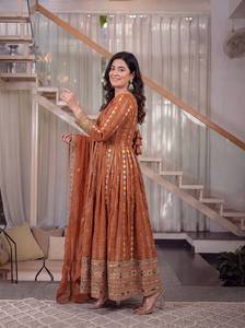 Brown Embroidered Anarkali Dress Indian Pakistani Top Long Sleeve Pleated A-line Dress with Shawl for Party - Product Image 3