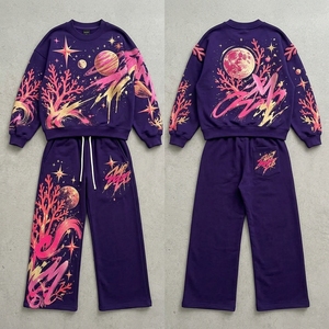 Ensemble de survêtement pour femme avec sweat-shirt imprimé Galaxy prune et pantalon large, style streetwear cosmique, tenue décontractée deux pièces, ONEAPEX - Product Image 6