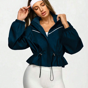 Custom Women’s Cropped Running Navy Blue Windbreaker <b>Lightweight</b> Drawstring Waist Sports <b>Men's</b> <b>Jackets</b> OEM Activewear Supplier - Product Image 6