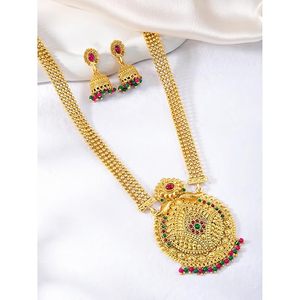 Conjunto de Collar y Pendientes de Aleación Chapada en Oro Indio, Joyería de Boda para Mujer, Diseño Rani Haar, Patrón Floral, Estilo Clásico - Product Image 4