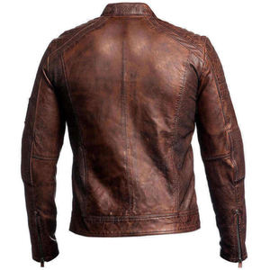 Men's Genuine Leather Motorcycle Jacket Stand Collar Zipper Closure Moto Style Autumn Slim Fit Brown - Product Image 6