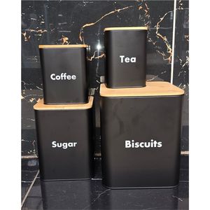 Wholesale Square Stainless Steel Kitchen <b>Storage</b> Jars Set Black Metal Food <b>Container</b> with Wooden Lid for Countertop Organizer - Product Image 1