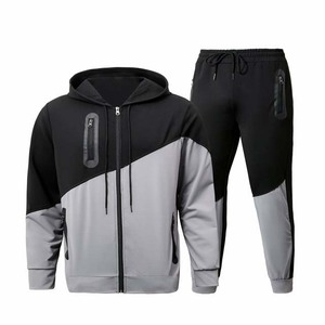 Survêtement bleu pour homme avec blocs de couleur, fermeture éclair intégrale, capuche, coupe sportive, polyester et coton, idéal pour l'automne, avec poches latérales - Product Image 3