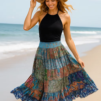 Jupe patchwork vintage indienne en soie imprimée style bohème avec taille smockée, vente en gros Meghcraft