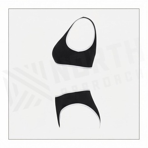 North Approach Women's <b>Black</b> <b>Bikini</b> Set Scoop Neck <b>Bandeau</b> <b>Top</b> With Contrast Binding Hipster Bottoms Solid Color Stretch - Product Image 3