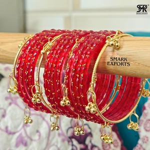 Luxury Handmade <b>Red</b> Kashmiri Raindrop Glass Bangle Set with Ghungroo Bridal Ethnic Jewelry for Women - Product Image 4