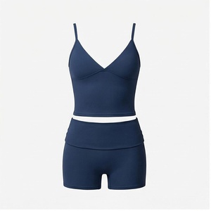 Ensemble de yoga 2 pièces, haut court à bretelles spaghetti col en V, short taille haute, bleu marine uni, vêtements de sport sans couture - Product Image 2