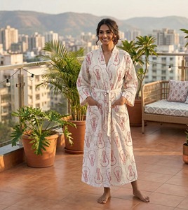 Kimono indio de algodón tejido a mano con estampado de bloques, cuello alto, para mujer, verano, otoño, suave, ligero. - Product Image 1