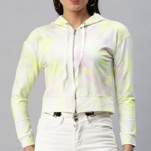 Breathable Polyester Cotton Fleece Full Sleeve Women's Autumn Casual <b>Crop</b> Hoodie with Zipper Custom Solid Tiedye Design - Product Image 1