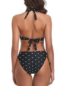Conjunto de bikini de dos piezas con lunares negros, ropa de playa para mujer, traje de baño de verano con estampado floral, cuello en V, cintura media, traje de baño acanalado - Product Image 5