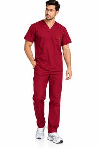 Conjunto de Uniforme Médico Unisex Color Granate con Cuello en V y Manga Corta, Parte Superior e Inferior de Tela Tejida - Product Image 3