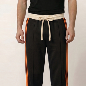 Pantalon de survêtement pour homme en coton noir à 100% avec bandes latérales orange, taille à cordon de serrage, pantalon de survêtement à jambes larges, pantalon en molleton pour homme, hiver - Product Image 5