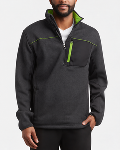 Suéter de punto para hombre TESSUTO con cremallera de un cuarto, color carbón, ribete verde lima, bolsillo con cremallera en el pecho, cuello alto, jersey de golf, listo para enviar - Product Image 1