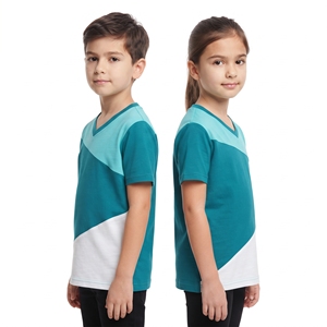 Impression personnalisée, hauts de loisirs pour enfants, blocs de couleurs, t-shirts unisexes à col en V, trois tons, manches courtes, pour garçons et filles, vente en gros - Product Image 4
