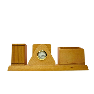 Wooden Pen Holder Desktop Organizer With Clock Phone Stand And Pen Holder Natural Finish Office Storage Stand - Product Image 3